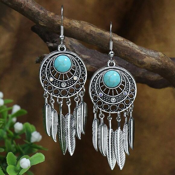 pdxroots Jewelry - Bohemian Faux Turquoise Beaded Dream Catcher Feather Dangle Earrings Silver Tone